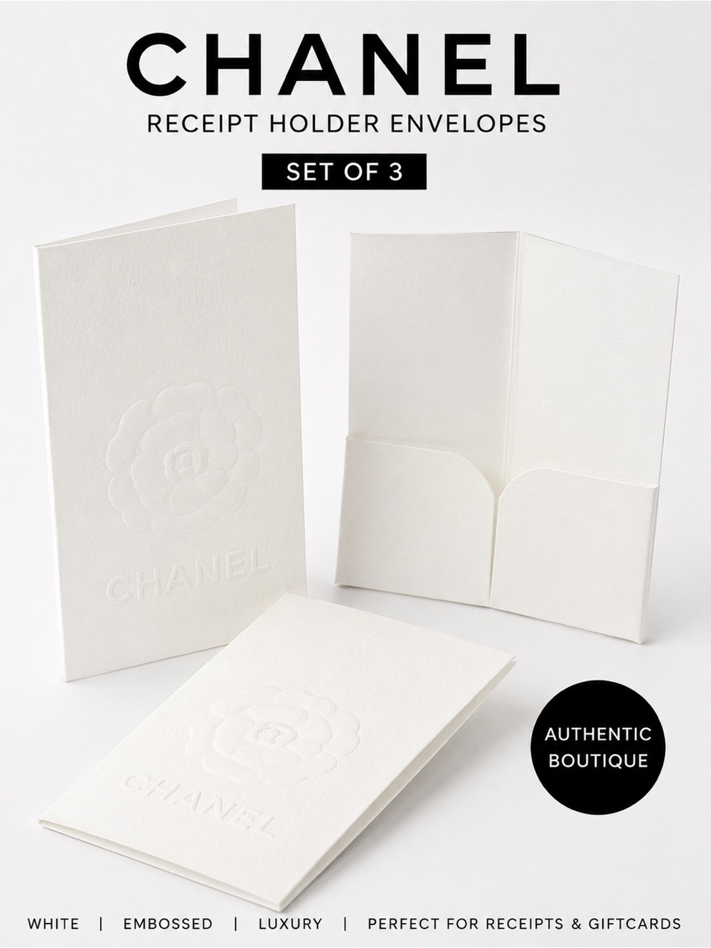 Authentic CHANEL Receipt Holder Envelope Set of 3 White Boutique Paper Folder